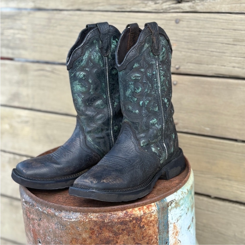 Upcycled Distressed Leather Cowboy Boots Black With Teal – Rustic Western Vibes